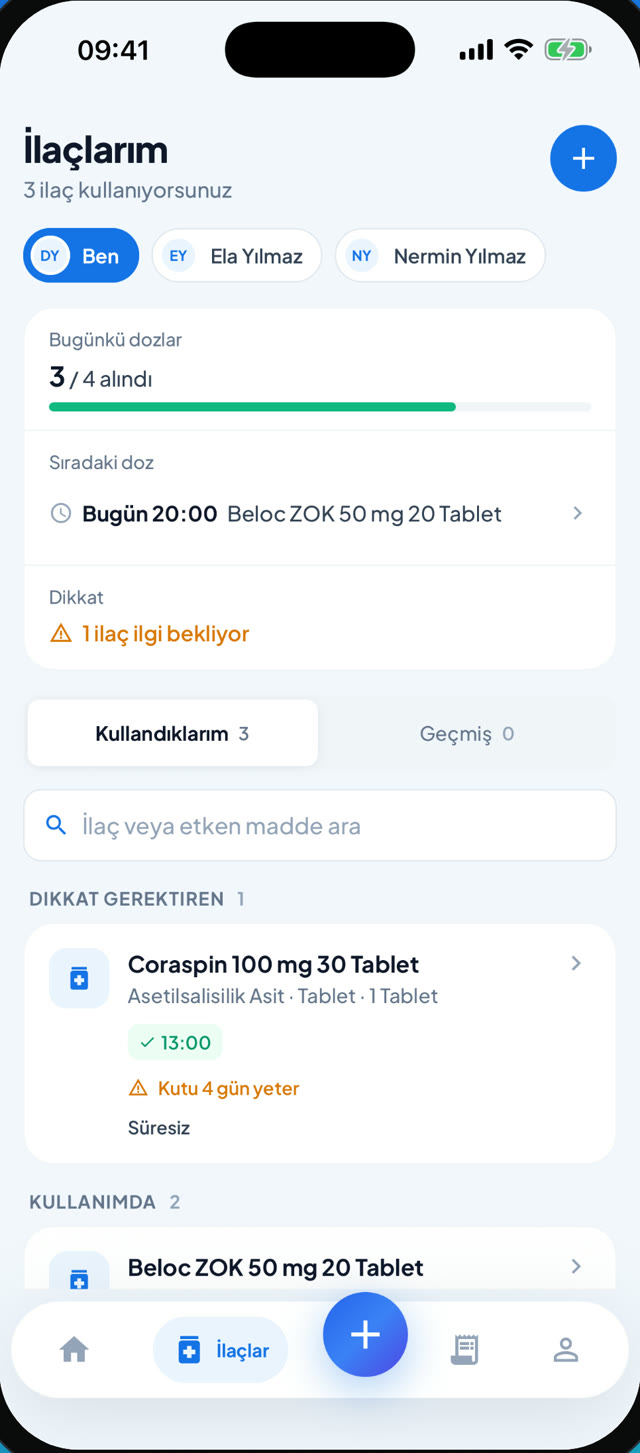 İlaçlarım ekranı: bugünkü dozlar, sıradaki doz ve kutusu 4 gün yetecek ilaç uyarısı